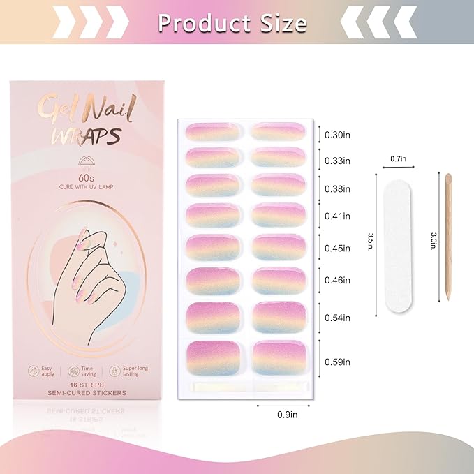 2 Sheet 32 Tips Semi Cured Gel Nail Strips Kit (Colorful Gradient) Salon-Quality Semi Cured Nail Polish Strips Stickers Solid Gel Nail Stickers Full Nail Wraps With Nail File & Wooden Stick