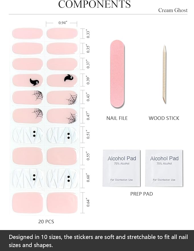 Semi Cured Gel Nail Strips (Cream Ghost), Halloween, 20 Pcs Gel Nail Wraps, Stickers, Salon Quality, Long Lasting, Works With Any UV Lamps