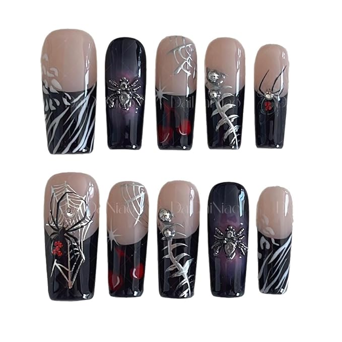 Handmade Press on Nails Spider Web & Spider with Designs Full Covered Halloween Fake Nail Black French Tip Long Square Stick on Nail Full Cover Reusable ABS Material Halloween Nails for Women (M)