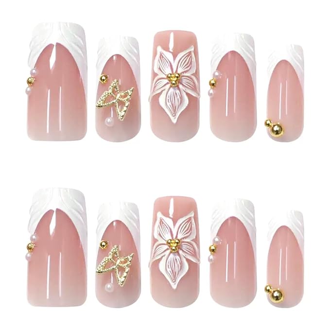 Press on Nails Square - White French Tip Fake Nails with Flower Butterfly Design - Medium Long False Nails - for Women 24 Pcs