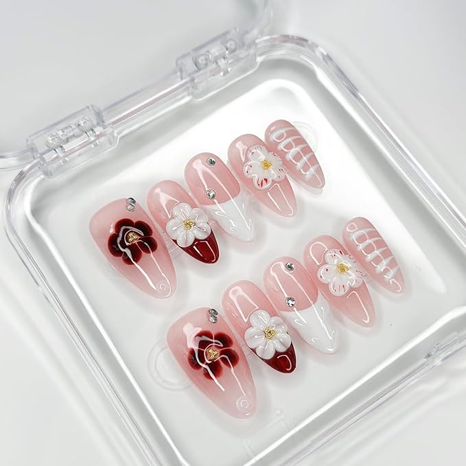 Luxury Press on Nails Medium Almond Handmade 3D Unique Reusable ABS Material Fake Nails Red&White False Nails with Designs Rhinestones Floral Art Petal Glossy Glue on Nails Thick Acrylic Nails(S)