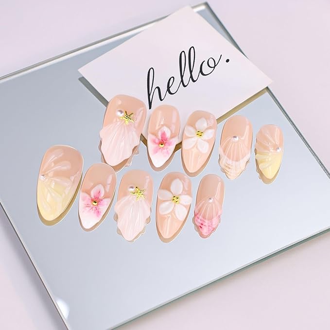 Handmade Flower Press on Nails French Tip Almond Medium False Nails with 3D White Flower & Water Ripple Art Designs Muti-Layer Gel Thick Artificial Acrylic Nails for Women (Size S)