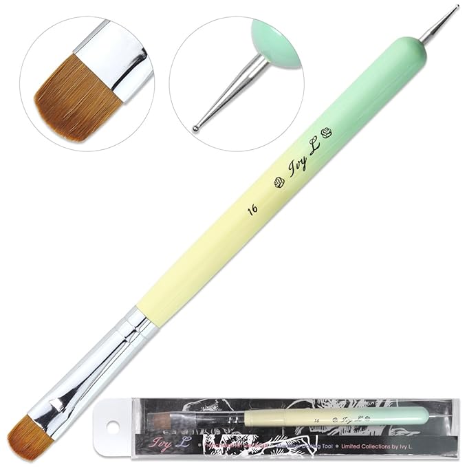 Ivy-L Premium 2 Ways French Gel Acrylic Nail Art Kolinsky Brush with Dotting Tool for Professional Manicure Nail Art Design Cuticle Clean-up + Lime Green Wood Handle (Size 16)