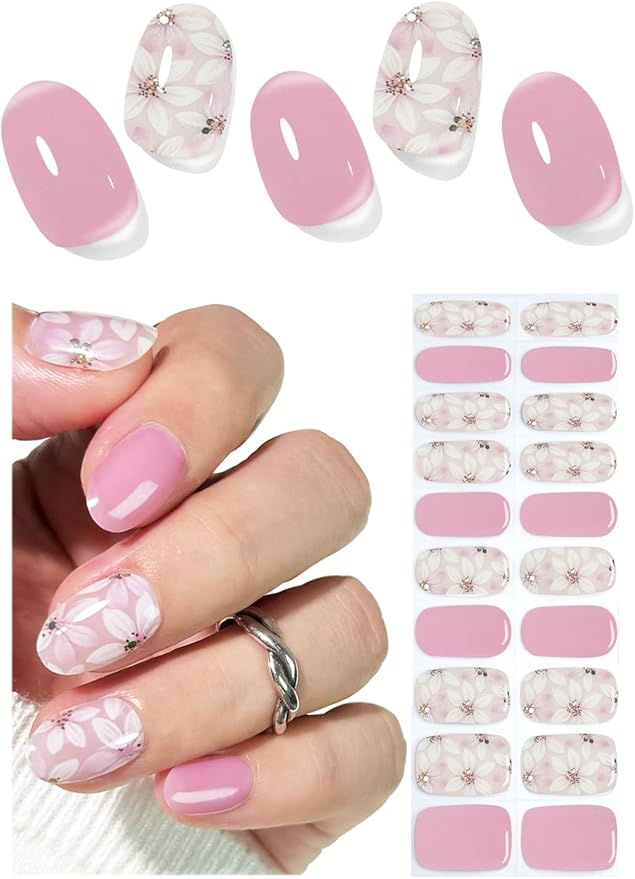 UV Gel Nail Stickers, Spring, Pink Flower20pcs Semi Cured Gel Nail Strips, Wraps for Home Manicure DIY