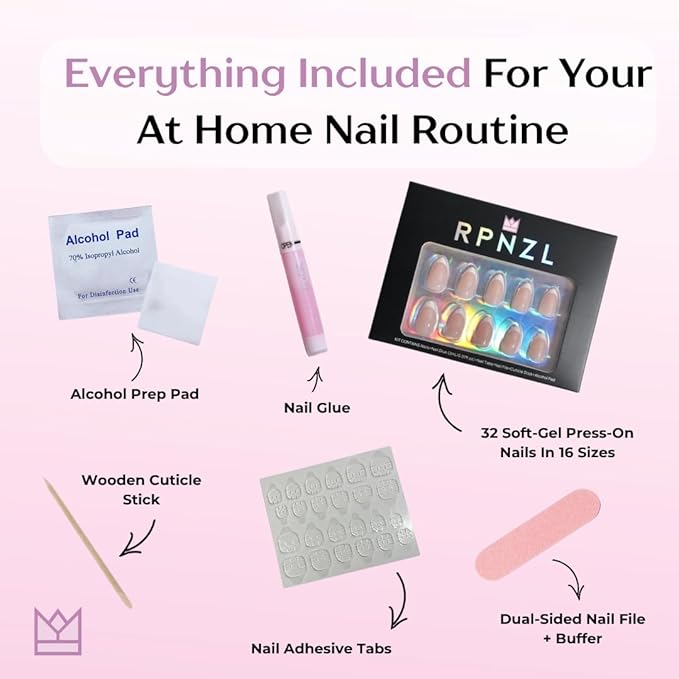 Press On Nails - Paris | White French Tip, Short Almond Nails, Fake Nails Salon Quality | 32 Nails, 16 Sizes Kit with Glue and Adhesive Tabs