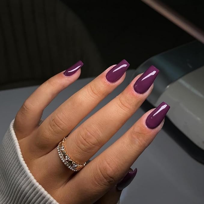 KQueenest Purple Press on Nails Long Medium Square, Berry Fake Nails Medium Coffin, Glossy Sheer Color Acrylic Nails Press ons, Reusable Dark Soft Gel Glue on Nails for Women DIY Manicure
