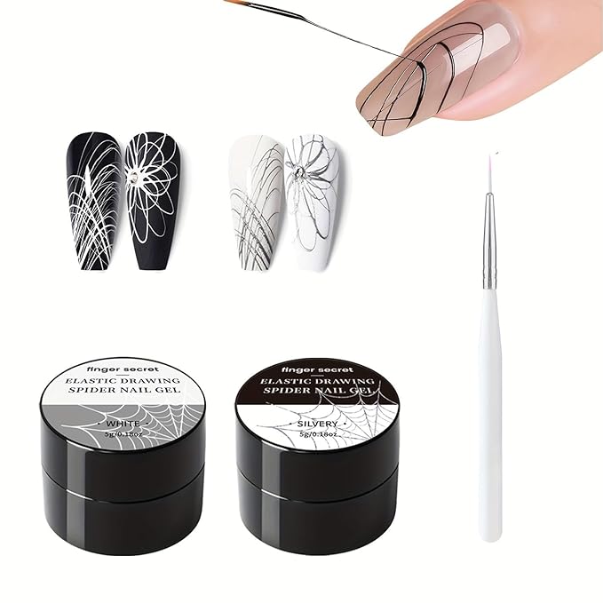 5g/0.18oz Spider Gel Kit for Nails, Spider Design for Art Wire Drawing Nail Gel for Line with Brushes for Nail Art (White Silvery)