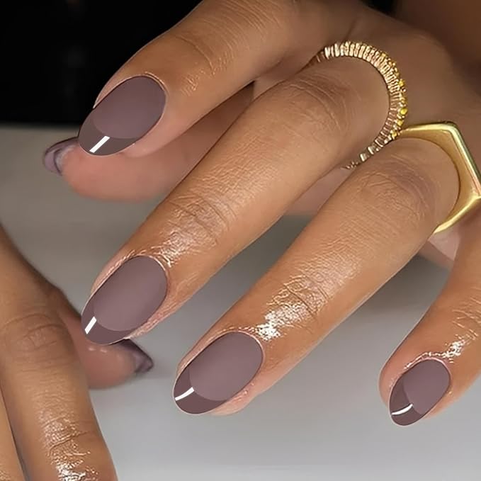 Brown French Press on Nails Short Almond -Pure Brown Nails with Glossy French Tip in a Matte Finish, Soft Gel Reusable Fall Fake Nails Winter Stick on Nails for Women Gift, 32PCS 16 Sizes