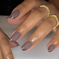Brown French Press on Nails Short Almond -Pure Brown Nails with Glossy French Tip in a Matte Finish, Soft Gel Reusable Fall Fake Nails Winter Stick on Nails for Women Gift, 32PCS 16 Sizes