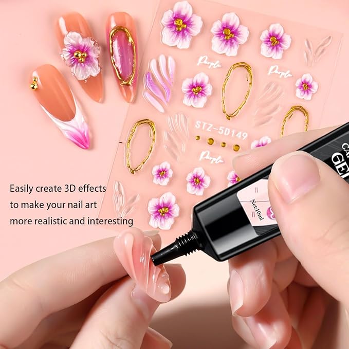 3D Gel Nail Art - 10g Sculpting Gel for Molding, Drawing, Charms & Beads Glue with Gold Chrome Nail Powder and 5D Flower Stickers for Nails Design Beginner