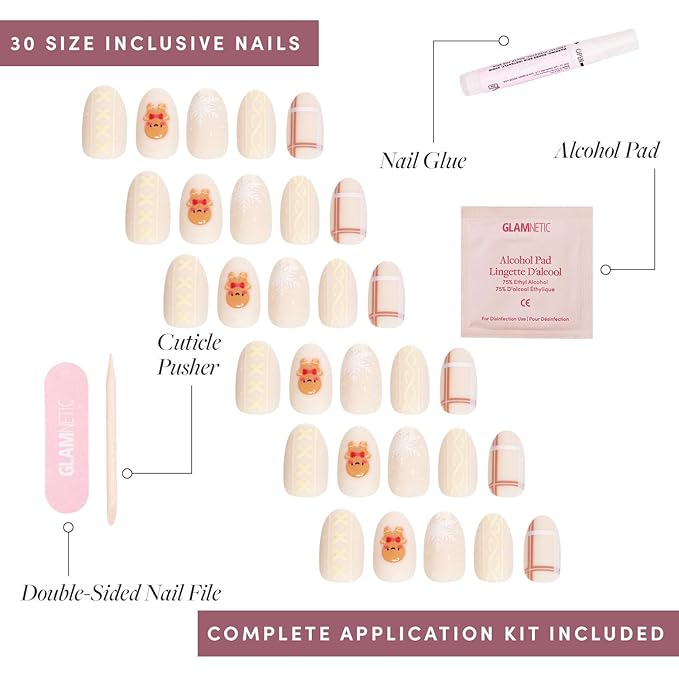 Glamnetic Press On Nails – Gingerbread Knit | Short Oval Fake Nails with 3D Gingerbread Sweater Design, Glossy & Matte Finish, Salon Quality Holiday Nails | 15 Sizes, 30 Nail Kit