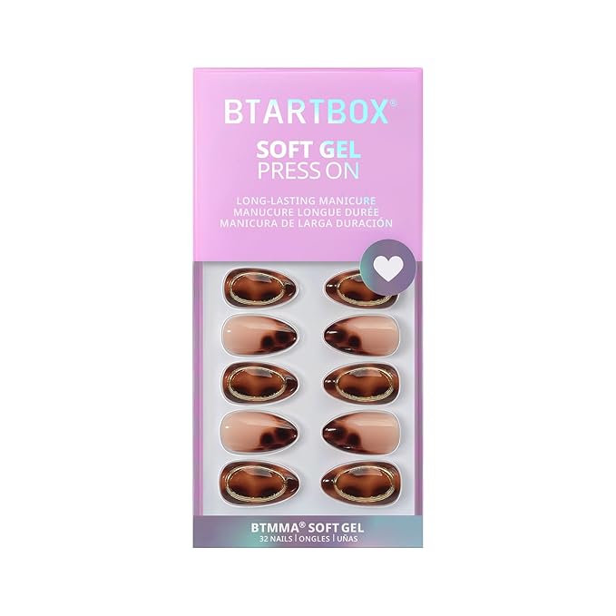 BTArtbox Press On Nails Almond - Amber Hoops, Tortoise Shell Short French Tip Press On Nails with Glue and Adhesive Tabs for Women, Soft Gel Glue On Nails in 16 Sizes - 32 Stick On Nails Kit