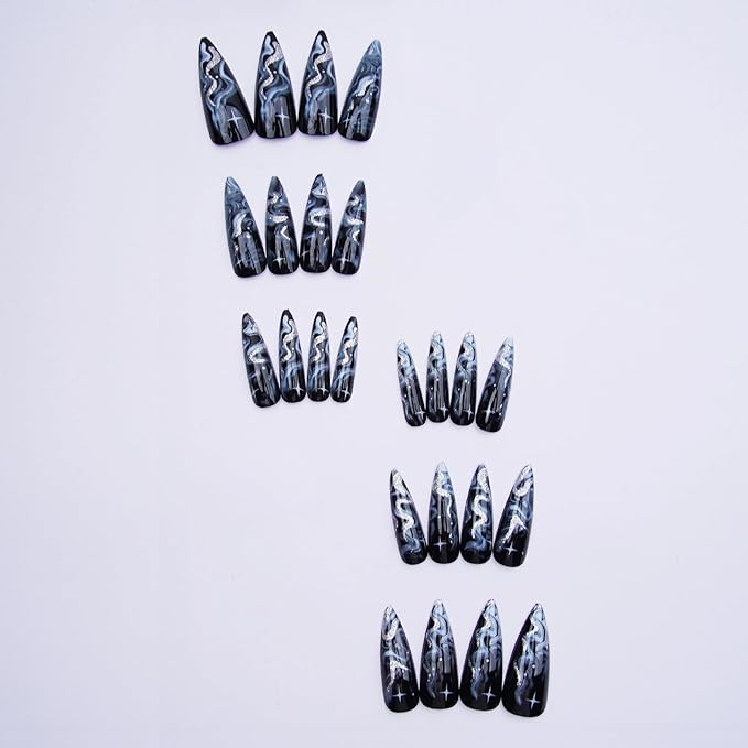 MISUD Press on Nails - Long Stiletto Fake Nails with Black, Acrylic Bling Silver Glitter Design 24 pcs