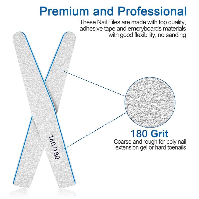 Nail Files for Acrylic Nails, 12pcs Pack Nail File 180/180 Grit Double Sided Emery Boards for Nails Washable Coarse Nail Files Professional Manicure Pedicure Tools
