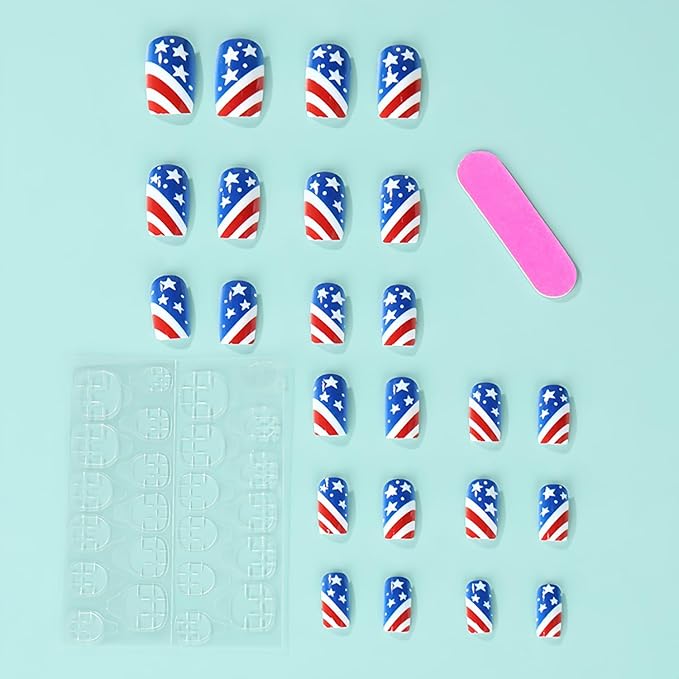 4th of July Press on Nails Medium Square America Flag Fake Nails Full Cover False Nails with Star Designs Tricolor Glossy Glue on Nails Star Acrylic Manicure Artificial Nails for Women Girls 24Pcs