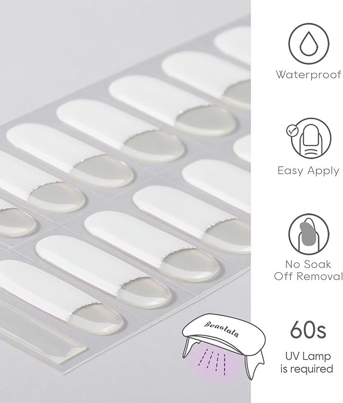 Semi Cured Gel Nail Strips - UV Light Gel Nail Stickers - 20 Long Lasting Salon Quality Wraps (French Light White)