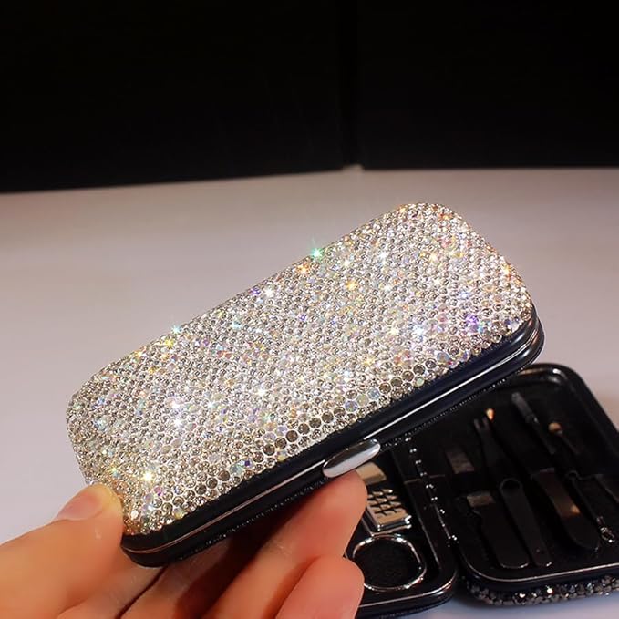 Bling Rhinestone Manicure Set Nail Clippers Pedicure Kit-8 Pieces,Stainless Steel Manicure Kit Pedicure Set Grooming Kits Nail Care Tools with Travel Case for Women Girls (Silver)