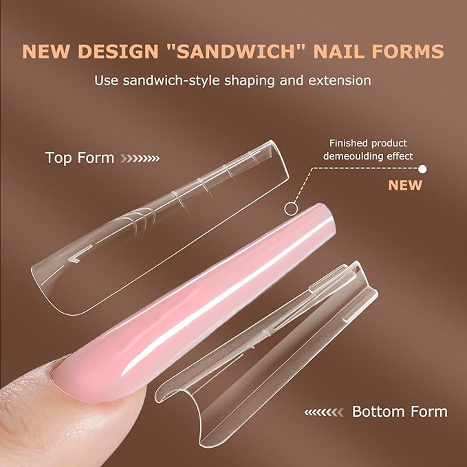 Sandwich Nails Dual Forms,280Pcs Reusable Nail Extension Forms with Silicone Polygel Stick,Easy Demolding & Intuitive Operation for DIY & Professional Use