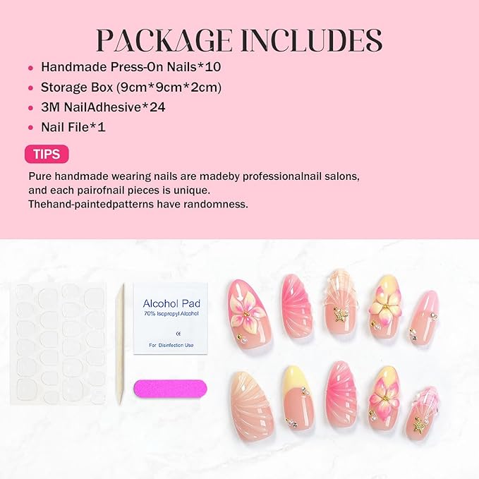 Gradient Flower Press on Nails Handmade Press on Nails French False Nails with 3D Floral Embossed Designs Medium Almond Fake Nails False Nails Thicked Acrylic Nail Stick on Nail for Women（Size M)