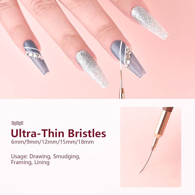 KADS Fine Liner Brush, Nail Art Striping Brushes 6/9/12/15/18mm Thin Line Nail Brush Detail Drawing Brush Gel Nail Polish Brush (15mm)