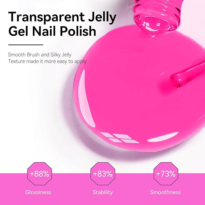 MEGIOR Hot Pink Jelly Gel Nail Polish 0.5 Fl Oz Pink Transparent Colors Soak Off UV LED Lamp Light Cure Gel Polish Kit for Salon and Nail Art Starter Manicure DIY at Home