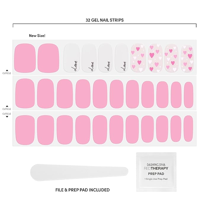 Dashing Diva Gloss Nail Strips - Heart to Heart - UV Free, Chip Resistant, Long Lasting Gel Stickers - Contains 32 Wraps, 1 Prep Pad, 1 File