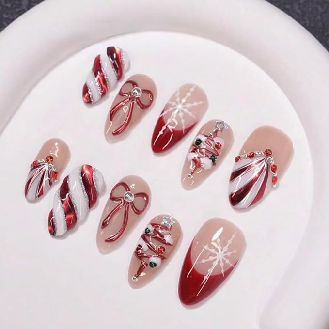 Press On Nails - Handmade Almond short Nails, Painting French 3D Stars Art Design press ons, Reusable Artificial False Nails for Women 10 Pcs Acrylic Nails Kits (Size L)
