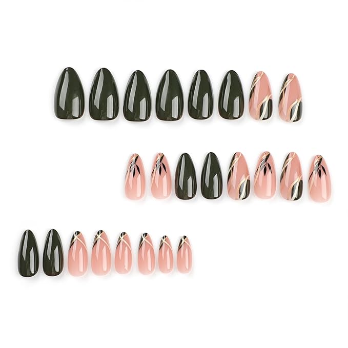Green Press on Nails Short Almond Fake Nails with Designs Leaf False Nails Press ons Glue on Nails Glossy Full Cover Acrylic Nail Artificial Stick on Nail Manicure for Women 24Pcs