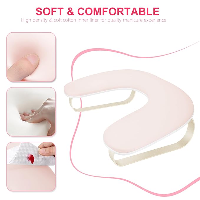 Manicure Arm Rest for Nails Tech, Cleanable Leather Nail Arm Rest Stand, U Shaped Hand Rest Pillow for Acrylic Nail Salon Home Use, Aluminum Alloy Bracket(Pink）