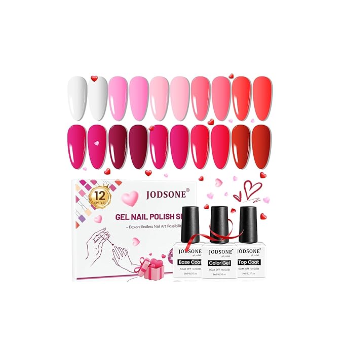 JODSONE 12 PCS Gel Nail Polish Set with Base Coat and Top Coat 2026 Valentine's Day Limited Red Pink High Gloss Fashion Gifts for Women & Girls