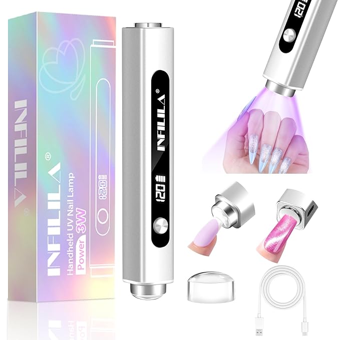 NXJ INFILILA Multi-Functional Handheld UV Light for Gel Nails with Cat Eye Magnet - Portable Flash Cure Nail Lamp for French Manicures, Detail Work, Type-C Cordless for Travel & Home Use(Silver)