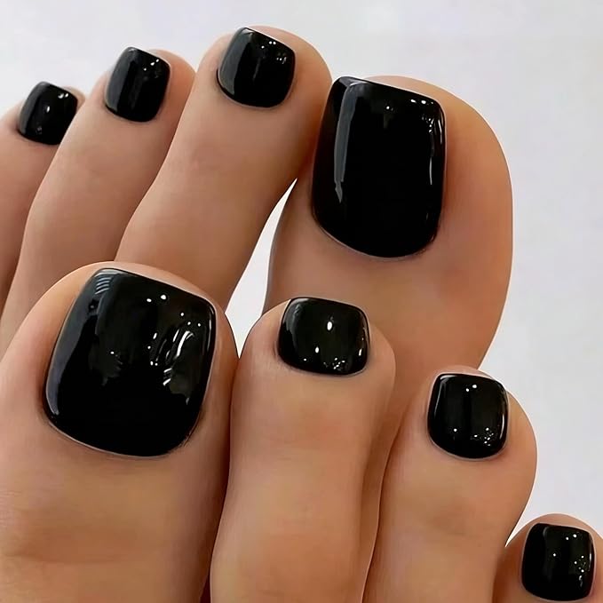 34 Pcs Semi Cured Gel Toe Nail Strips Black Solid Gel Nail Stickers Full Cover Nails Wraps Self Adhesive Toe Nails Polish Strips Stickers for Women UV/LED Light Required