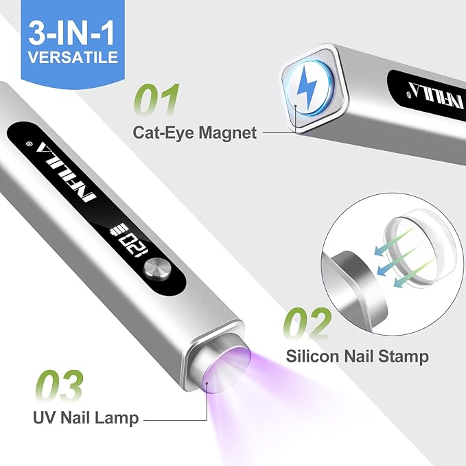NXJ INFILILA Multi-Functional Handheld UV Light for Gel Nails with Cat Eye Magnet - Portable Flash Cure Nail Lamp for French Manicures, Detail Work, Type-C Cordless for Travel & Home Use(Silver)