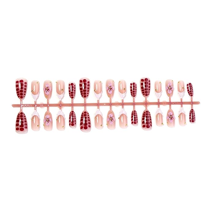White French Tip Press on Nails Medium Almond Fake Nails Flower Nails Press Ons with Rhinestones Design Glossy False Nails French Tip Glue on Nail Acrylic Stick on Nail for Women Set 30Pcs