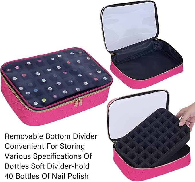 Nail Polish Bag organizer-Holds 40 bottles(15ml-0.5fl.oz)，Nail Polish Carrying Case Clear Multifunctional Cosmetic Travel Cases Makeup Bags Rose Red