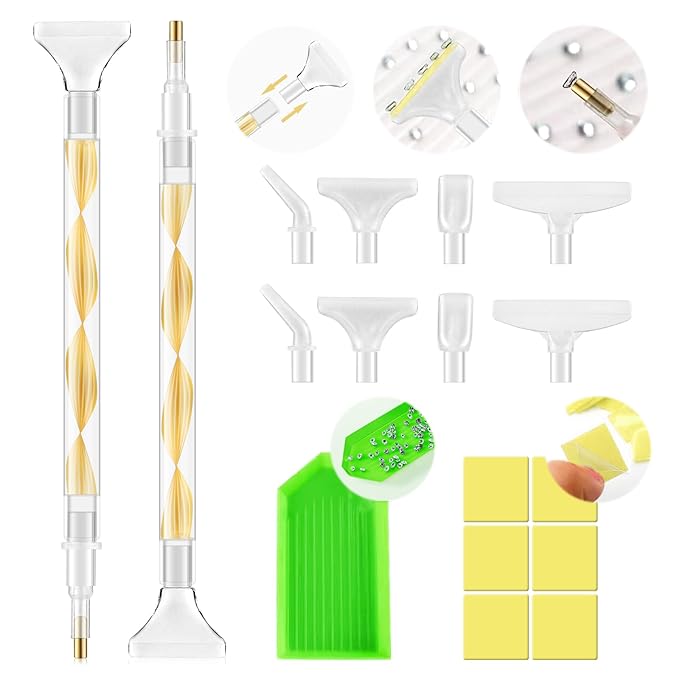 Rhinestone Picker Tool Kit: 2Pcs Rhinestone Applicator Handle, Dual-Ended Bedazzling Tools Pen with 12 Upgraded Plastic Replacement Tips, Clay for DIY Nail Art Craft (Yellow)