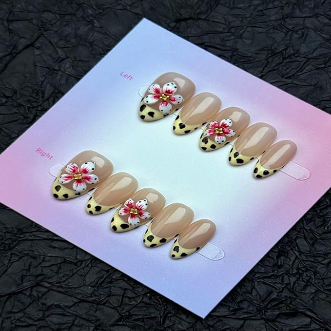 100% Handmade Press on Nails Medium Almond Handmade Nails with Pink Flower Charm Design Leopard Prints French Tip Fake Nails Glossy Skin Tone Nail Press ons Spring Summer Nail for Women Size L 10Pcs