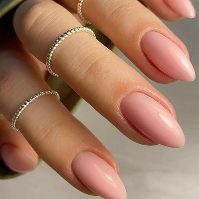 Modelones Pink Press on Nails Almond, Spring Short Fake Nails, Reusable Nail Kit with Nail Glue Adhesive Tabs Mini Nail File, Nails Press Ons 32Pcs 16 Sizes, Women Girl Gift