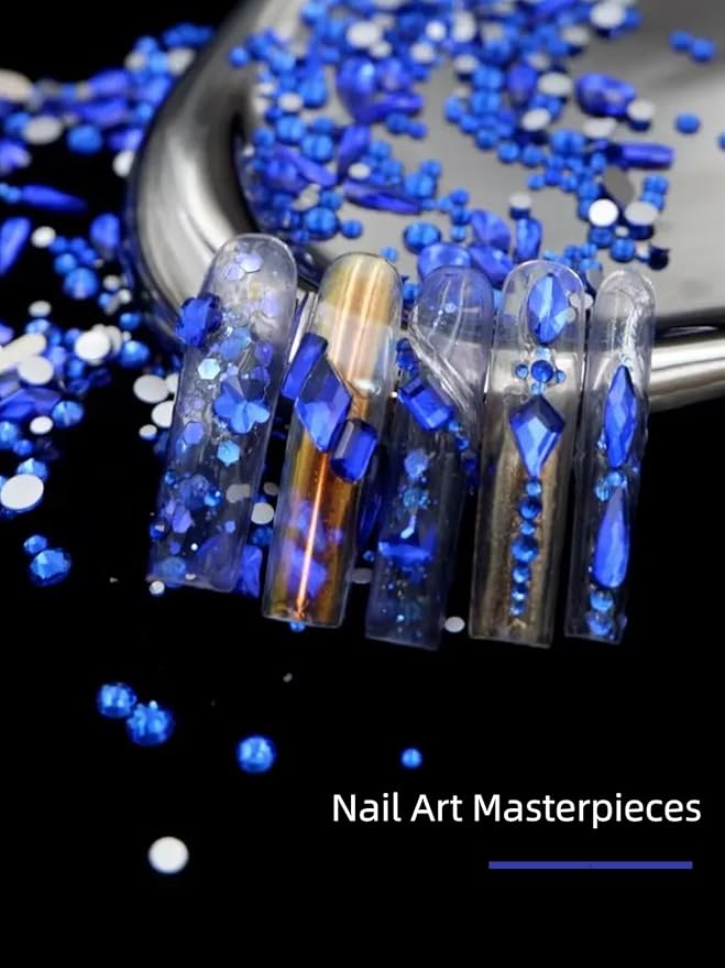 6080PCS Blue Rhinestones for Nails, Mix Sizes Blue Nail Charms and Gems with 20 Shapes, 3D Flatback Crystals Diamonds for DIY Nail Art Design (Tweezers Included)