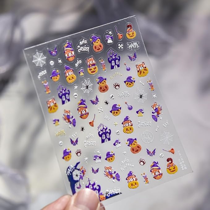 Halloween Nail Stickers 3D Self-Adhesive Magic Hat Pumpkin Nail Supplies Cute Cute Ghost Nail Decals 5D Embossed Haunted House Spider Web Nails Designs for Women Holiday DIY Manicure 1 Sheet
