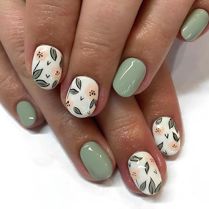 Flower Press on Nails Short Almond Fake Nails White Green Nails Press Ons Glossy Full Cover False Nails Acrylic Glue on Nail Summer Spring Stick on Nail for Women Decorations Set 24Pcs