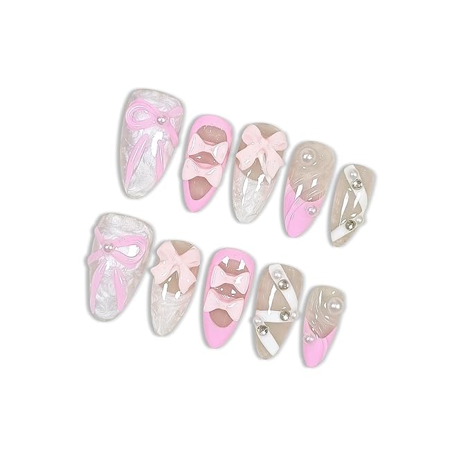 10PCS French Ballet-Inspired Press on Nails with Tools Kit, Medium Almond Glossy Nails in Pink & White, Gel Nails with 3D Bows, Pearls & Rhinestones, Sweet-Edgy Style for Women(Size XS)