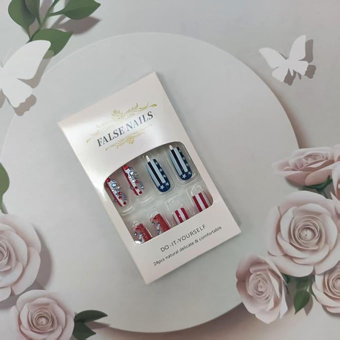 Independence Day Press on Nails Medium Square Fake Nails with Blue & Red Rhinestone Designs Glitter Stripe False Nails for Women Independence Glue on Nails Full Cover Stick on Nails 24Pcs