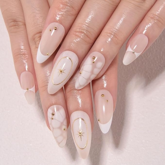 3D French Press on Nails Medium Almond with Bohemian Stars Design, Nude Nail + White Tip Glossy Stick on Nails for Women with Kit, Reusable Soft Gel Stick on Fake Nail with French Design Perfectly Fit