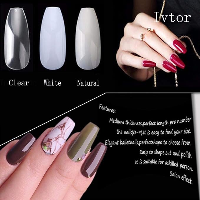 Acrylic Nail,Coffin Nails Full Cover, Ivtor Clear Artificial Nails Tips Ballerina Nail Art DIY at Home For Women 600Pcs 10 Sizes