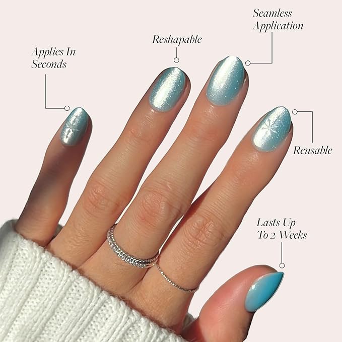 Glamnetic Press On Nails - Subzero | Opaque Pale Icy Blue Snowflake Graphic Short Oval Fake Nails in a Velvet Finish, Salon Quality | 15 Sizes - 30 Nail Kit