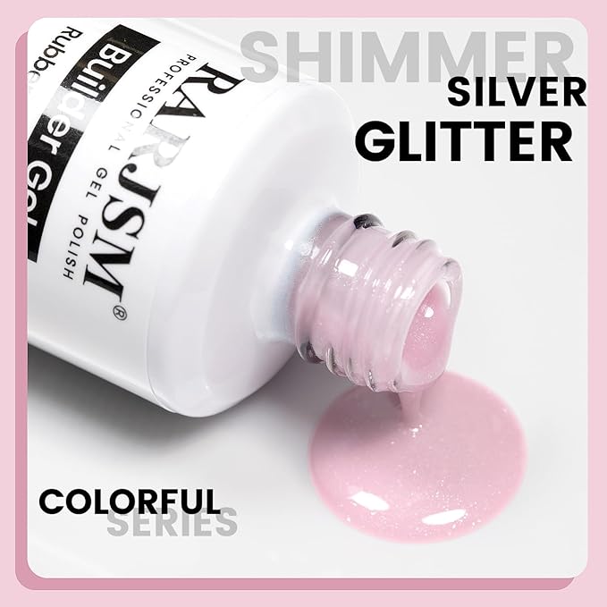 RARJSM Nude Rubber Base Gel Nail Polish Pale Pink Sparkle Silver Glitter Sheer Rubber Base for Nails Brush on Quick Extend Builder Hard Gel Soak Off Curing Requires 15ml Salon Home French Manicure