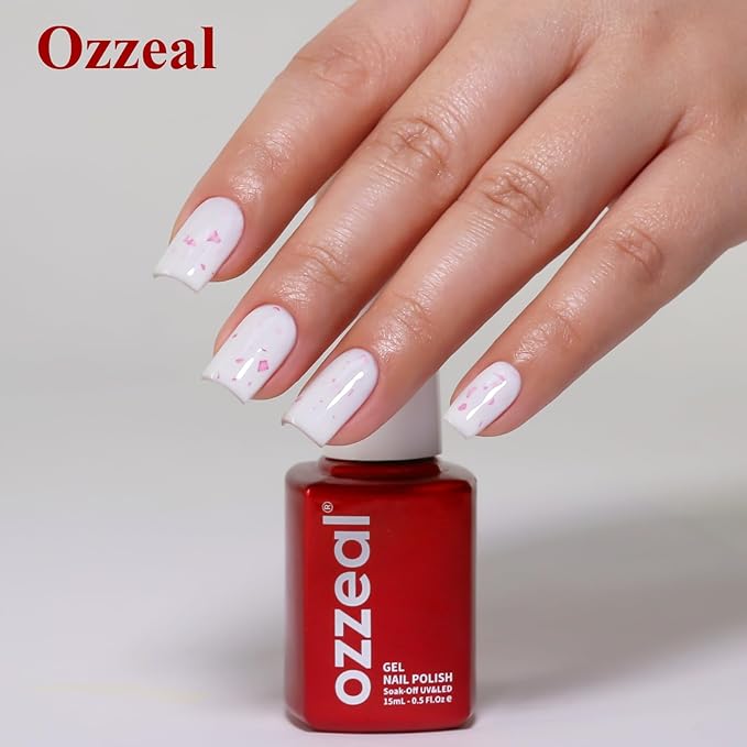 Gel Polish,0.5 Fl Oz White with Pink Flake Glitter Gel Nail Polish Spring Summer LED UV Speckled Sparkle Art Starter Manicure Salon DIY Nail
