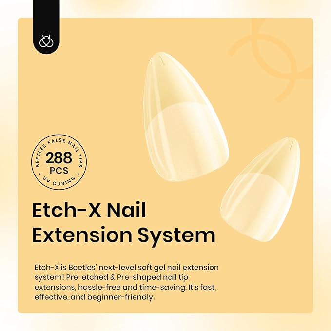 Beetles Gel Nail Tips Almond, Extra Short 288Pcs 12 Sizes Etch-X Full Cover Soft Acrylic False Nail Tips Almond Shape Easy DIY Nail Extension Art Salon Gift for Women