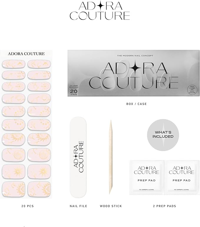 Semi-Cured Gel Nail Strips - 20 Salon-Quality Gel Sticker with UV Light Required, Long Lasting, Easy Application & Removal, Includes Prep Pad, Nail File, Wooden Stick (Pink Solar)